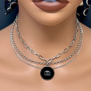 Designer Inspired-Silver Layered Necklace Black Pendant & Earring Set